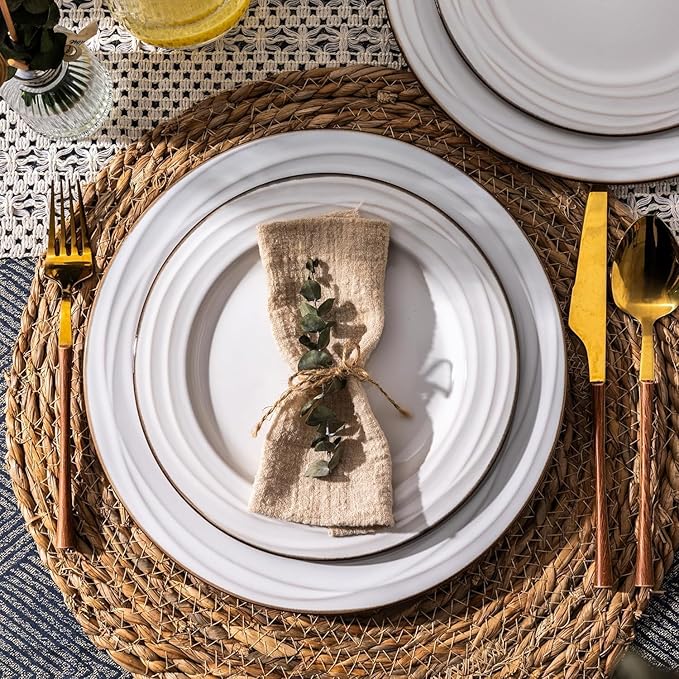 GBHOME Ceramic Dinnerware Sets, 24 pcs Embossed Elegant Stoneware Plates and Bowls Sets, Housewarming Wedding Gift | Dishwasher & Microwave Safe | Dishes Set Service for 8-PurrikoPets