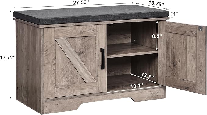 2-Tier Storage Bench, Shoe Bench with Padded Seat Cushion, Entryway Bench with 2 Barn Doors, Adjustable Shelf, 13.8" D x 27.6" W x 17.7" H, for Entryway, Living Room, Bedroom, Greige-PurrikoPets