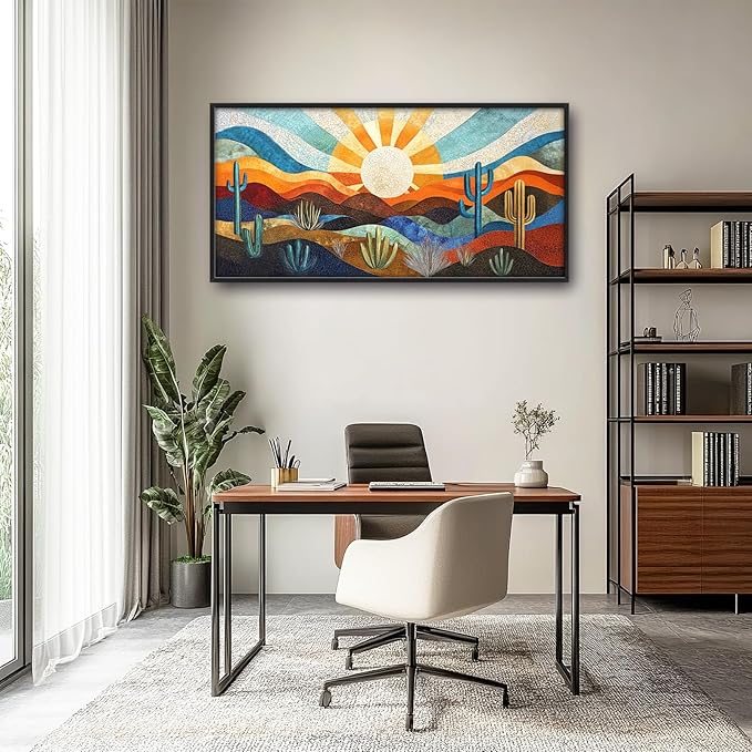 Extra Large Framed Abstract Boho Desert Wall Art, Sun Cactus Landscape Wall Decor Pictures for Living Room,Cacti Canvas Print Painting Modern Artwork Bedroom Office Bathroom Home Decor 60L x 30W-PurrikoPets