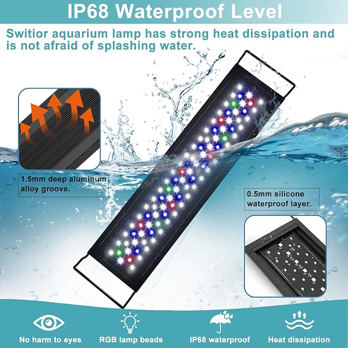 24/7 LED Aquarium Light, IP68 Waterproof Extendable Bracket Fish Tank Light with Timer, 7 Colors, 10 Level Adjustable Brightness, DIY Mode Full Spectrum Aquarium Plant Light for 48-54 Inch Fish Tank-PurrikoPets