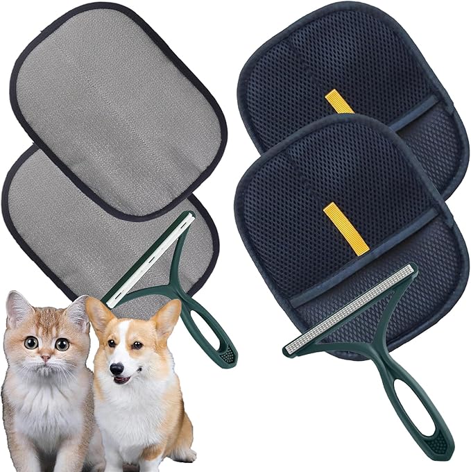 2-Pack Pet Hair Removal Gloves with A Hair/Lint Removal Tool – Remove Cat/Dog Fur from Clothing, Furniture, Car Seats, Bedding & Carpet – Reusable & Washable Lint Hair Remover for Pet Owners-PurrikoPets