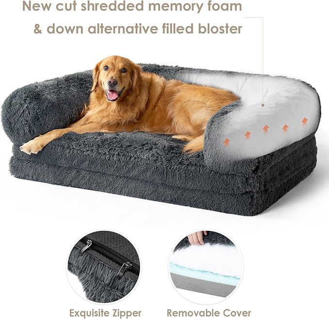 EHEYCIGA Foldable Human Dog Bed, Orthopedic Memory Foam Human Sized Dog Bed, Waterproof Pet Bed for People, Faux Fur Pet Couch for Adult, Dark Grey, 72"x44"x11"-PurrikoPets