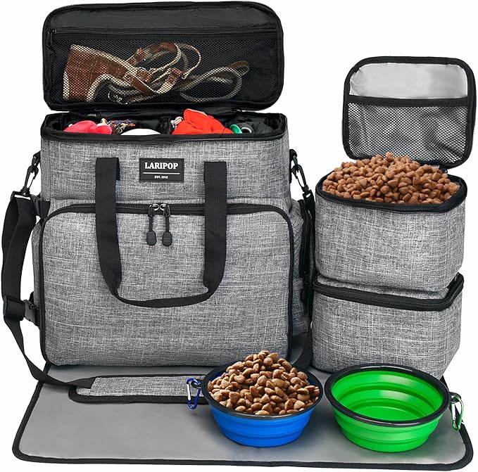 Dog Travel Bag,Weekend Pet Travel Bag Set for Dog and Cat,Airline Approved Tote Multi-Function Dog Bags for Traveling,Include 2 Collapsible Bowls,2 Food Storage Containers,1 Feeding Mat,Gray-PurrikoPets