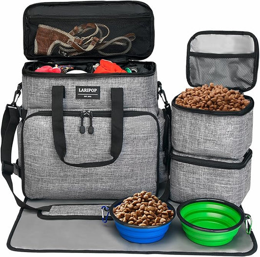 Dog Travel Bag,Weekend Pet Travel Bag Set for Dog and Cat,Airline Approved Tote Multi-Function Dog Bags for Traveling,Include 2 Collapsible Bowls,2 Food Storage Containers,1 Feeding Mat,Gray-PurrikoPets