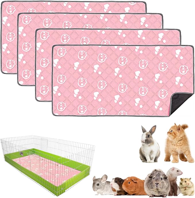 4 Pack Guinea Pig Bedding - Washable Guinea Pig Liners for Midwest Cage, Waterproof Reusable Pee Pads Super Absorbent Mats for Small Animals Pet Rabbit Bunny Hamster Rat (Pink, 48 x 24 Inch)-PurrikoPets