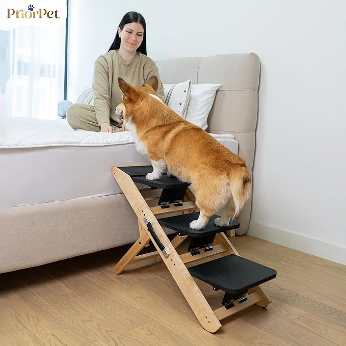 Dog Steps for Bed & Couch 2-in-1 Dog Stairs/Ramp - Height Adjustable Dog Ramp for Couch 7” - 20” - Pet Stairs, Dog Stairs for Small Dogs - Easy to Move Pet Steps with Landing Platform, Natural-PurrikoPets