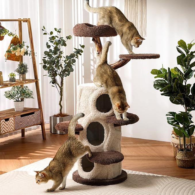 54.7'' Tall Modern Wood Cat Tree with 3 Level House, Luxury Cat Tower for Home Decoration, Large Cat Condo for Multi-Cat Families-PurrikoPets