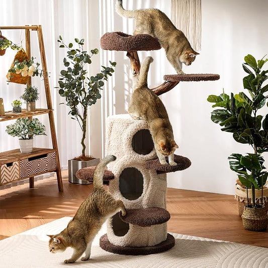 54.7'' Tall Modern Wood Cat Tree with 3 Level House, Luxury Cat Tower for Home Decoration, Large Cat Condo for Multi-Cat Families-PurrikoPets