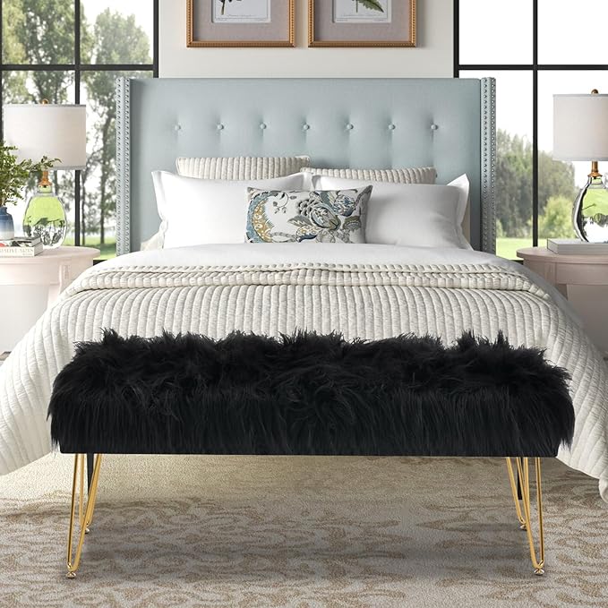 42.5 Inch Black Bedroom Bench, Benches for Bedroom White Faux Fur Upholstered Bed end Bench, Tufting Ottoman Bench Indoor Bench with Metal Legs for Living Room Bedroom Entryway, Black-PurrikoPets