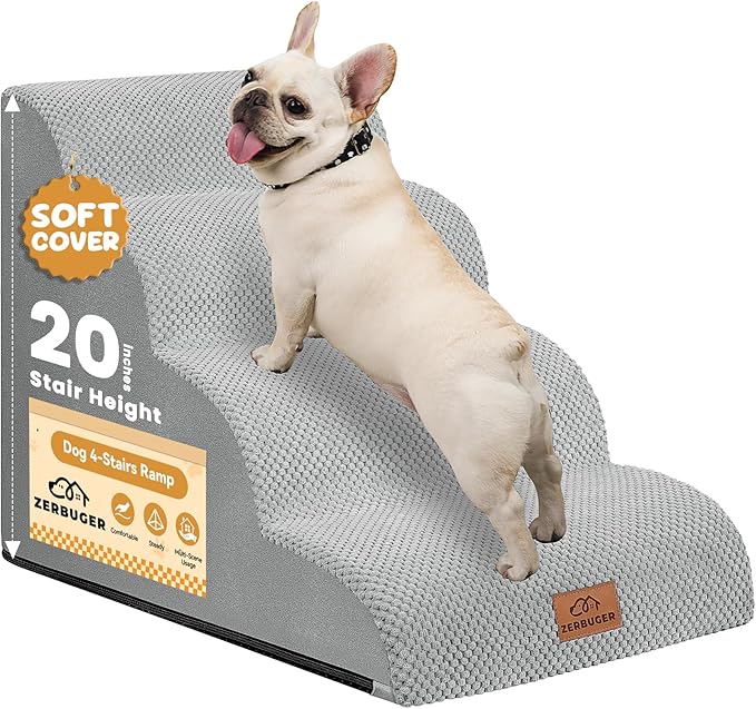 Dog Ramp and Stair for Bed 16" H-20 H,3-Step Cat Stair for Sofa and Chair,4-Step Dog Ramp for High Bed and Window,Durable Nonslip Fabric Cover for Indoor (Light Grey-20 H, Pet Friendly, 4)-PurrikoPets
