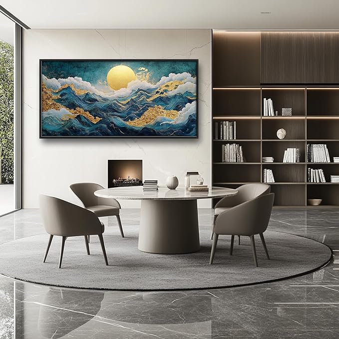 Framed Large Sun Mountain Wall Art, Oversized Teal and Golden Sun Wall Decor for Living Room, Abstract Landscape Canvas Painting Modern Artwork Home Decoration for Living Room Bedroom 60"x30"-PurrikoPets