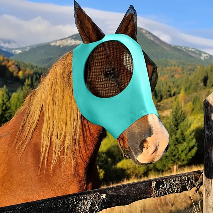 Frienda 4 Pcs Horse Fly Masks with Ears Head Fly Masks for Horses Smooth Elastic UV Protection Cover from Summer Insect Pests(Medium,Black, Gray, Blue, Mint Green)-PurrikoPets