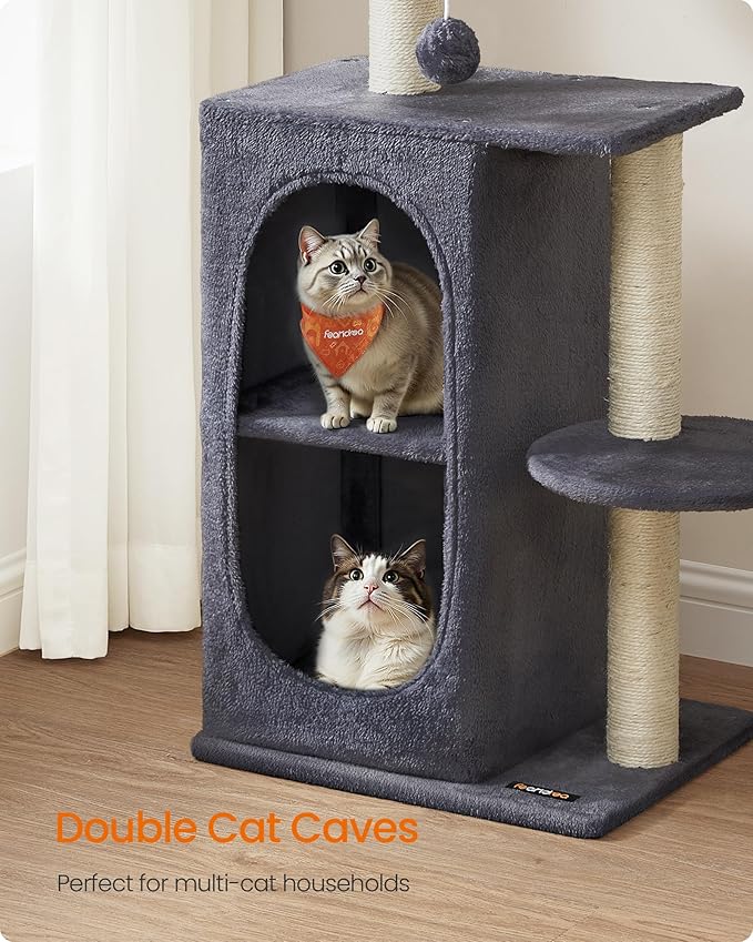 Feandrea Cat Tree Tower with 2 Caves for Multi-Cat Households, Kittens, Scratching Posts, Dark Gray UPCT005G02-PurrikoPets