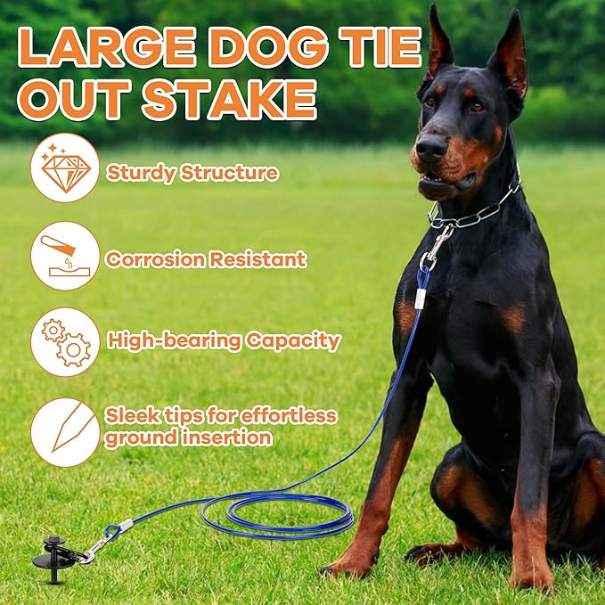 Dog Tie Out Stake, Heavy Duty 360°Swivel Dog Outside Lead Cable, Screw in Spike Auger Ground Stake Anchors with Power Nut Drill Bit, T Wrench and Leash, for Yard Camping Beach-PurrikoPets