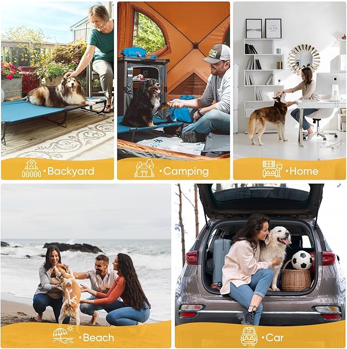 Folding Raised Dog Bed, Large Outdoor Elevated Dog Cot, Cooling Chew Proof Pet Cots Bed, Portable, Heavy Duty Up to 160 lbs, Pet Cot for Camping, Home, Dark Blue, 49"x33"x7"-PurrikoPets