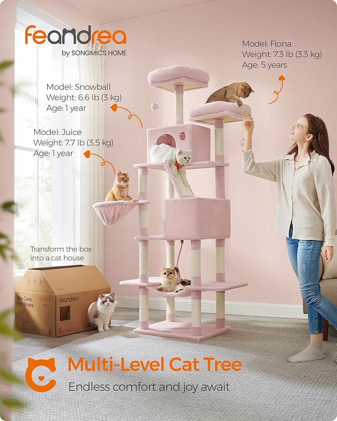 Feandrea Cat Tree, 81.1-Inch Large Cat Tower with 13 Scratching Posts, 2 Perches, 2 Caves, Basket, Hammock, Pompoms, Multi-Level Plush Cat Condo for Indoor Cats, Jelly Pink UPCT190P01-PurrikoPets