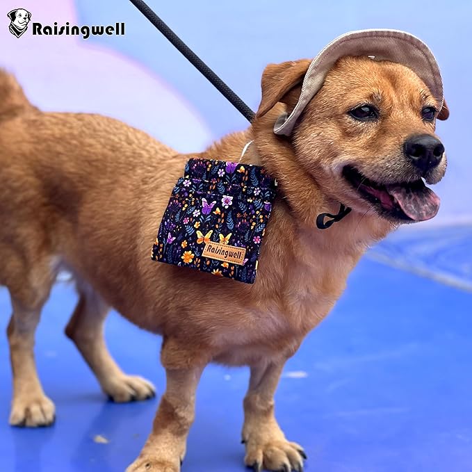 Dog Treat Pouch, Pocket Sized Pet Training Pouch, Cotton Fabric, Hand Free Purple Flower Dog Walking Bag with Carabiner, Self-Closing Pet Feed Snack Reward, for Puppy Travel or Outdoor Use-PurrikoPets