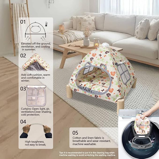 2-in-1 Elevated Cat Tent Cat House, Quick Assembly and Disassembly, Portable Indoor/Outdoor Cute Cat Bed Cave-Butterfly and Flower-PurrikoPets