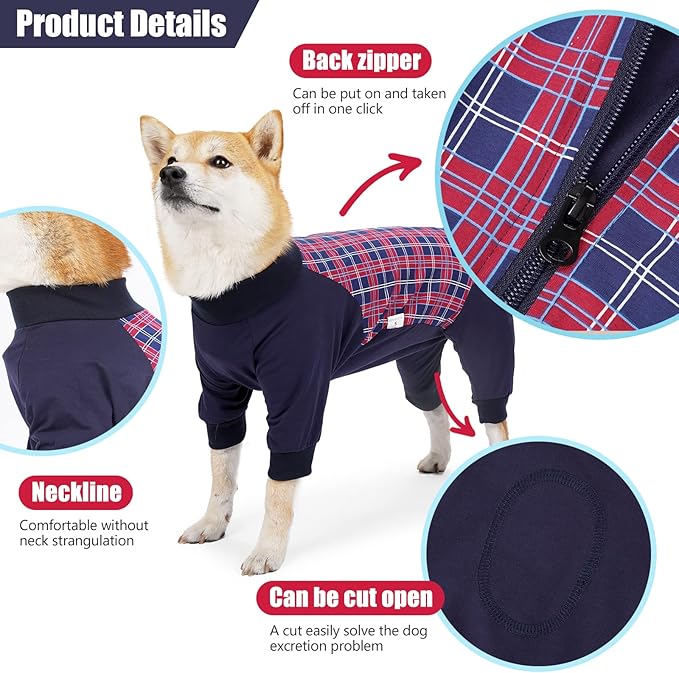 Dog Recovery Suit, Abdominal Wound After Surgery Wear, Anti Licking Bodysuit with Zipper, E-Collar & Cone Alternatives, Plaid Dog Spay Surgical Onesie Prevent Shedding(Large, Red)-PurrikoPets
