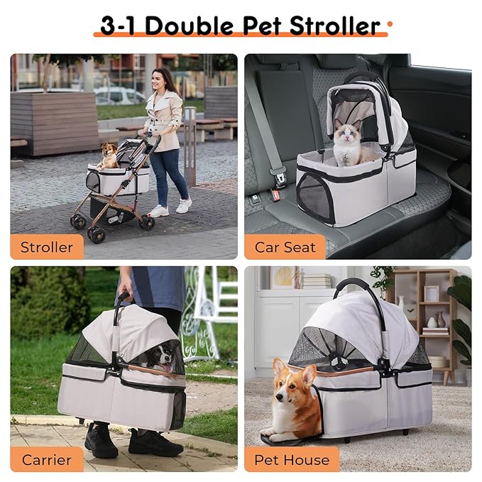3-in-1 Foldable Pet Stroller for Medium Dogs & Cats (50lbs) - Detachable Carrier, Car Seat, Storage Basket, 5" Lockable Wheels-PurrikoPets