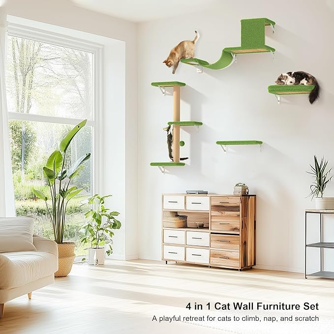 FUKUMARU Cat Wall Shelves, Stable & Safe 4 in 1 Cat Furniture Set, Wooden Climbing Wall with Scratching Post, Bridge and Bed, Stylish Jungle Gym for 16 Inch Drywall - Green-PurrikoPets