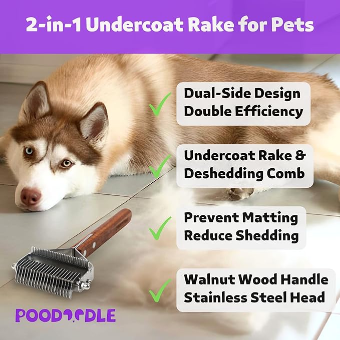 2 in 1 Dogs Cats Dematting Grooming Comb, Perfect Deshedding Undercoat Rake for Poodle & Goldendoodle, Efficiently Detangling Shedding Loose Hair & Matted Fur, All Long Haired Pet (Dark)-PurrikoPets