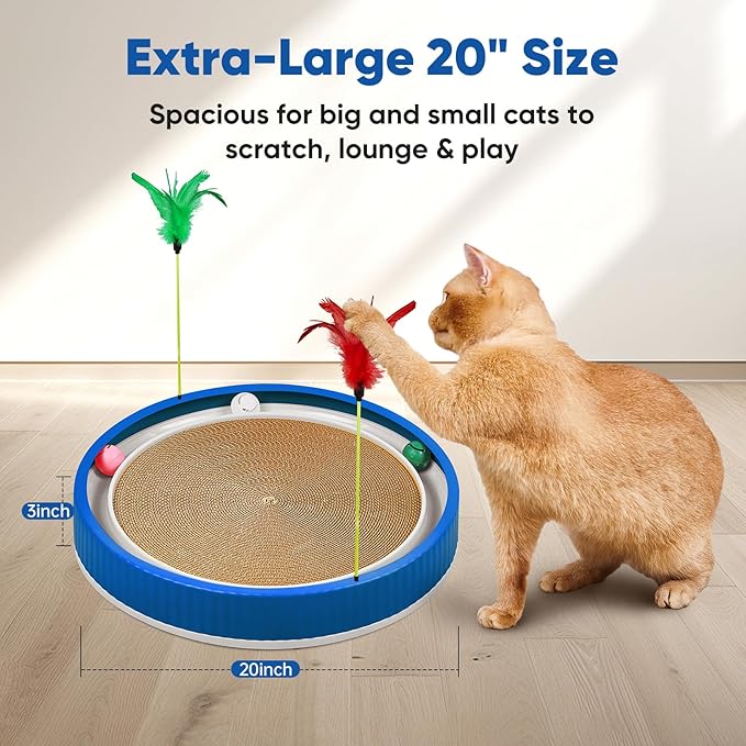 20-Inch Round Cat Scratcher with Ball Track – 3-in-1 Cardboard Scratching Pad with Feather Toy & Non-Slip Base – Interactive Cat Toy for Indoor Cats, Kittens & Large Cats (Blue)-PurrikoPets