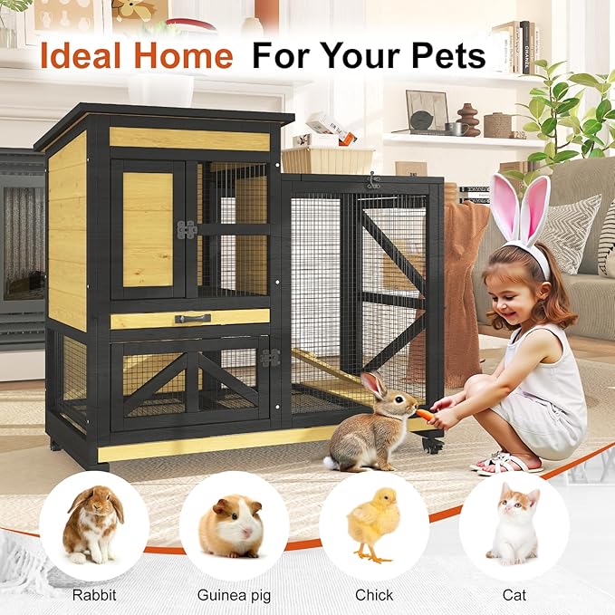 40'' Rabbit Cage Bunny Cage Indoor, Outdoor Rabbit Hutch for Small Animals, 2-Story Wooden Guinea Pig Cages with Wheels & 2 Deeper No Leak Trays, Waterproof Openable Roof & Bottom Wire Mesh-PurrikoPets