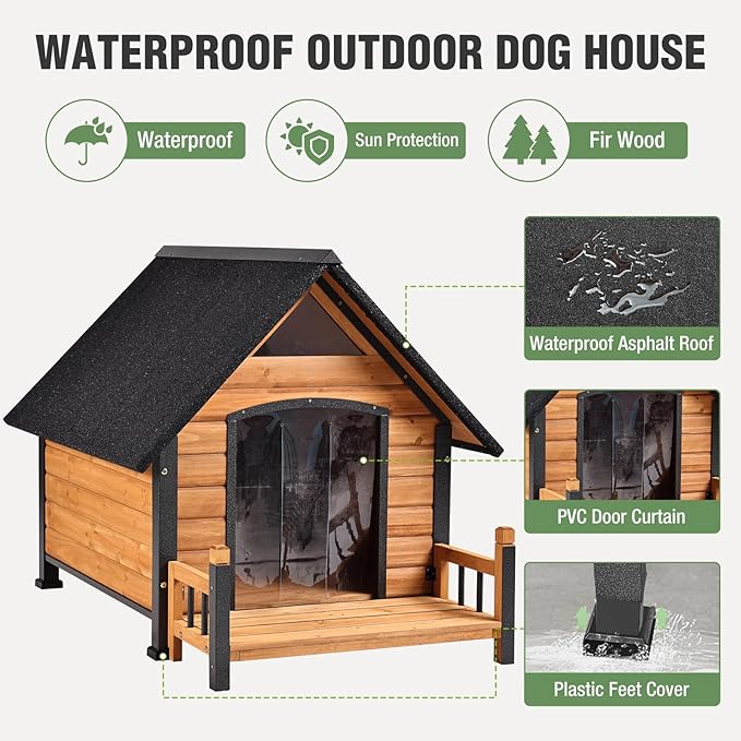 Dog House Outdoor with Anti-Chewing Iron Frame, Weatherproof Dog Kennel with Porch and Raised Feet for Small Medium Large Dogs Indoor (Brown, 45" x 32.9" x 32.6")-PurrikoPets