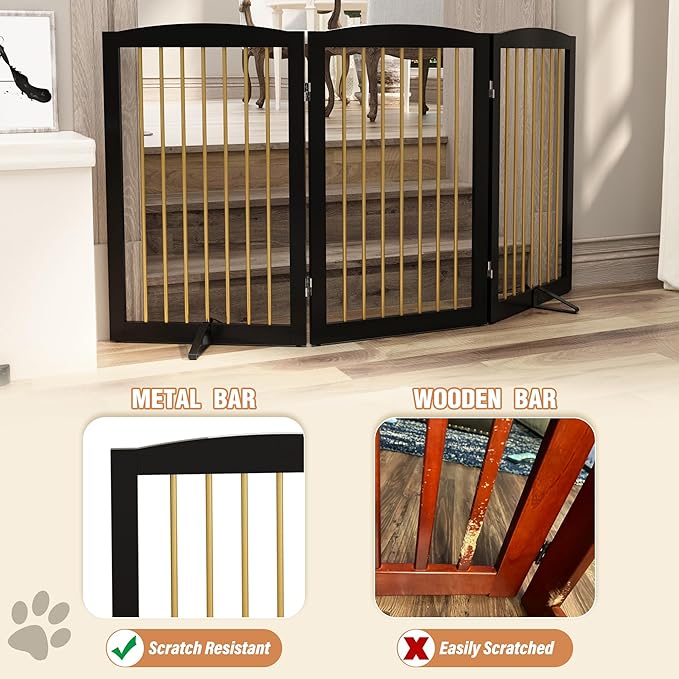 Freestanding Pet Gate for Dogs, Foldable Wooden Dog Gate for House Indoor, Step Over Pet Puppy Safety Fence for Stair, Doorway,Hall, Support Feet Included,3 Panels 32",Black&Gold-PurrikoPets