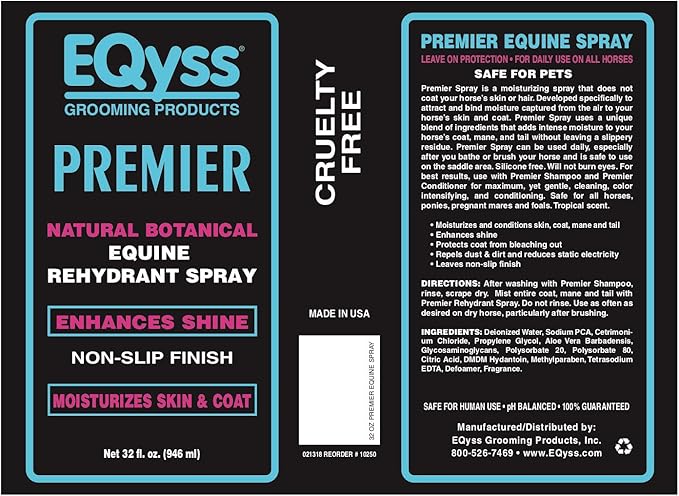 EQyss Premier Equine Horse Spray - Moisturizes Skin and Coat, Enhances Shine and Detangles, Prevents Dry Skin - Non-slip, Repels Dirt, USA-made-PurrikoPets