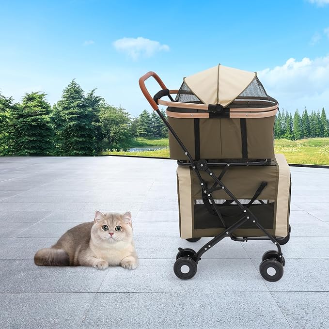 Foldable Pet Stroller for Small & Medium Dogs, Double Dog & Cat Stroller with 3-in-1 Travel System, Detachable Pet Carrier with Wheels for Cats and Dogs up to 77 lbs, Dark Green-PurrikoPets