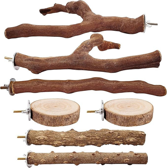 7-Piece Bird Perch Set: 3 Grapevine Paw Grinding Forks, 2 Wood Stands & 2 Hammocks - Cage Accessories for Parakeets, Cockatiels, Conures, Budgies-PurrikoPets