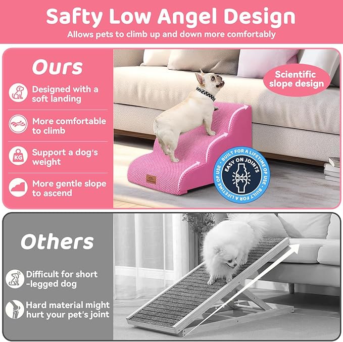 Dog Ramp and Stair for Bed 16" H-20 H,3-Step Cat Stair for Sofa and Chair,4-Step Dog Ramp for High Bed and Window,Durable Nonslip Fabric Cover for Indoor (Pink-16 H, Pet Friendly, 3)-PurrikoPets