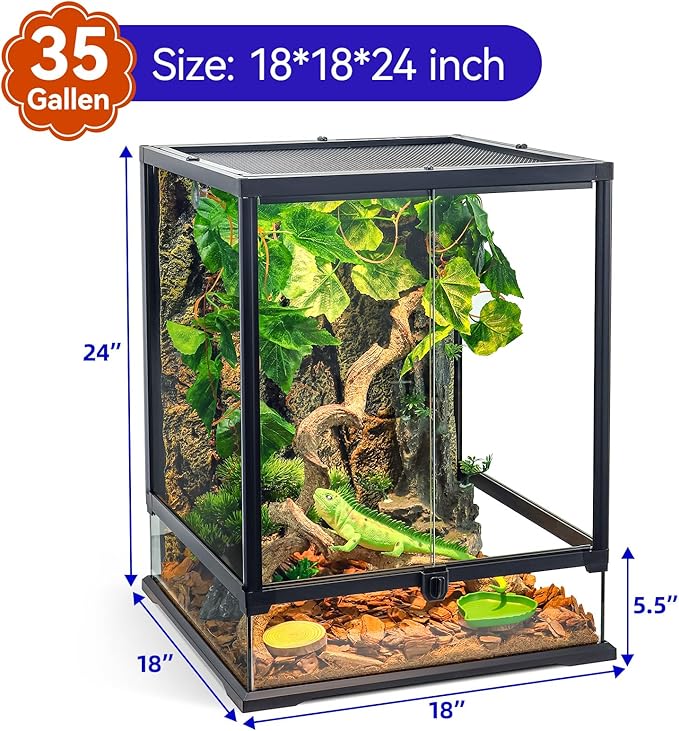 360° Clear View 35 Gallon 24x18x18 Glass Reptile Terrarium Suitable for Bearded Dragon, Chameleon, Crested Gecko, Multi-Pet Enclosure with Front Door, Excellent Ventilation, Hidden Wiring Holes-PurrikoPets