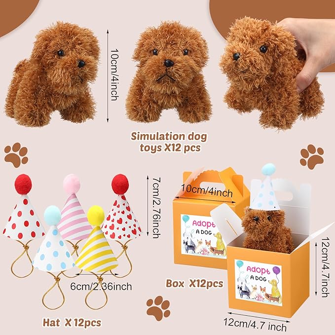 20 Pcs Mini Plush Dog Bulk 4 Inch Small Stuffed Puppy Set Include 20 Adopt a Pet Kraft Paper Boxes and 20 Cute Cone Hats Soft Dog Animals for Kids Birthday Adopt a Puppy Favor Gifts-PurrikoPets