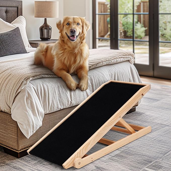 Dog Ramp, Adjustable Height Wooden Folding Pet Ramp for Bed, Couch,SUV-High Traction, Portable Paw Ramps for Small & Large Old Dogs & Cats - Furniture Quality-PurrikoPets