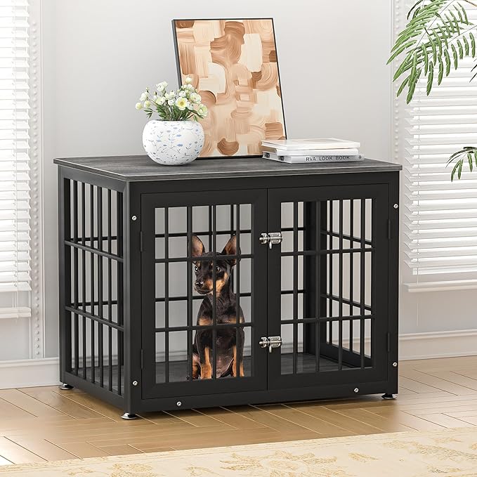 32 Inch Heavy Duty Dog Crate Furniture for Medium and Small Dogs, Decorative Pet House End Table, Wooden Cage Kennel Furniture Indoor, Gray-PurrikoPets