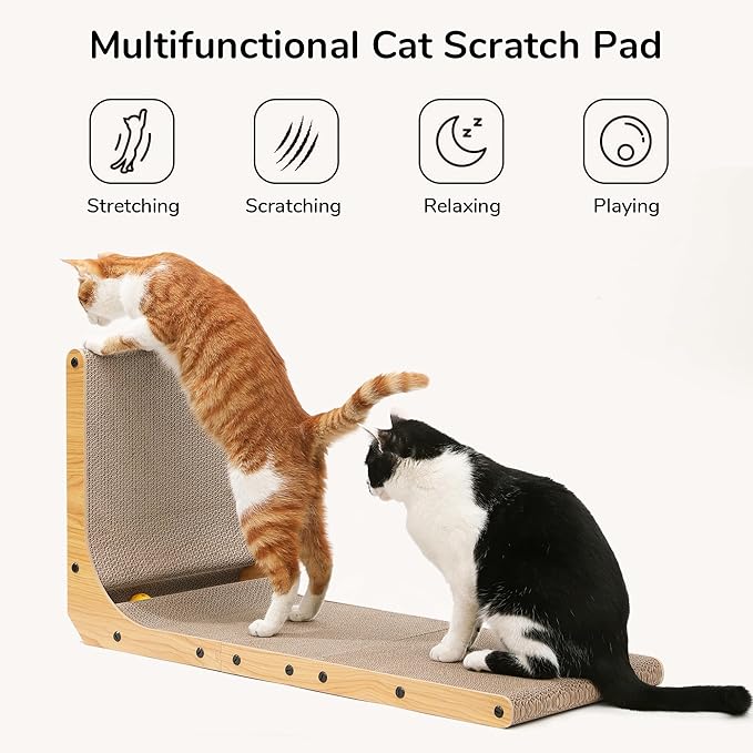 FUKUMARU Cat Scratcher, 32.7 Inch L Shape Cat Scratch Pad Wall Mounted, Cat Scratching Cardboard with Ball Toy for Indoor Cats, Extra Large-PurrikoPets