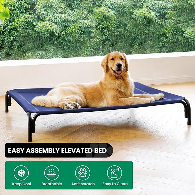 Elevated Dog Bed Raised Outdoor Dog Cot for Extra Large Dogs, Installation Requires No Tools, Frame with Washable Cooling Breathable Mesh Anti-Slip Feet, Indoor Pet Bed, Blue, 48.8 Inches-PurrikoPets