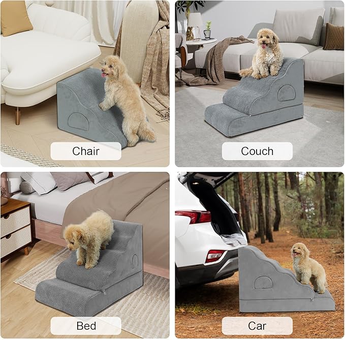 Dog Stairs for Small Dogs 19.7" H, 4-Step Dog Steps for High Bed, High-Density Foam Curved Pet Stairs with Non-Slip Removable Washable Cover to Get on Bed-PurrikoPets