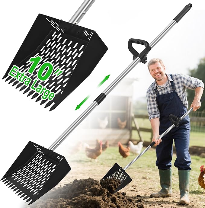 2-in-1 Chicken Poop Scooper & Rake - Adjustable Chicken Coop Scoop with Handle（39、53、67 in），Stainless Steel Shovel Head- Litter Scooper Sand & Sifting Shovel for Chicken Coops-PurrikoPets