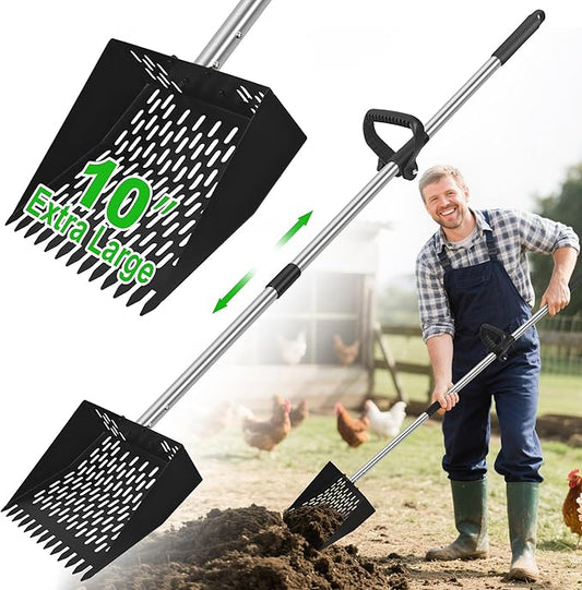 2-in-1 Chicken Poop Scooper & Rake - Adjustable Chicken Coop Scoop with Handle（39、53、67 in），Stainless Steel Shovel Head- Litter Scooper Sand & Sifting Shovel for Chicken Coops-PurrikoPets