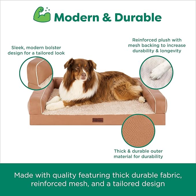FurHaven Orthopedic Dog Sofa Bed – Memory Foam Couch with Bolsters, Textured Plush & Water-Resistant Cover, Washable Cover, Joint Support - Camel, Large-PurrikoPets