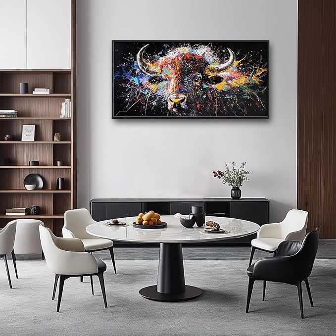 Framed Large Bison Buffalo Wall Art for Living Room, Oversized Graffiti Yak Cow Wall Decor Banksy Bull Canvas Painting Animal Pictures Modern Artwork for Living Room Bedroom Office 60"x30"-PurrikoPets