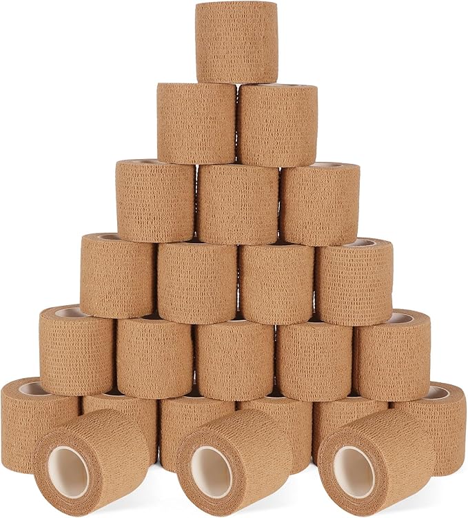 24 Pack Self Adhesive Bandage Wrap, 2” x 5 Yards Cohesive Medical Tape Elastic Grip Tape Sports Tape Athletic for Ankle, Wrist Sprains, Pet First Aid (Brown, 2 Inch)-PurrikoPets