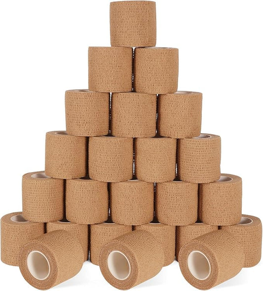 24 Pack Self Adhesive Bandage Wrap, 2” x 5 Yards Cohesive Medical Tape Elastic Grip Tape Sports Tape Athletic for Ankle, Wrist Sprains, Pet First Aid (Brown, 2 Inch)-PurrikoPets