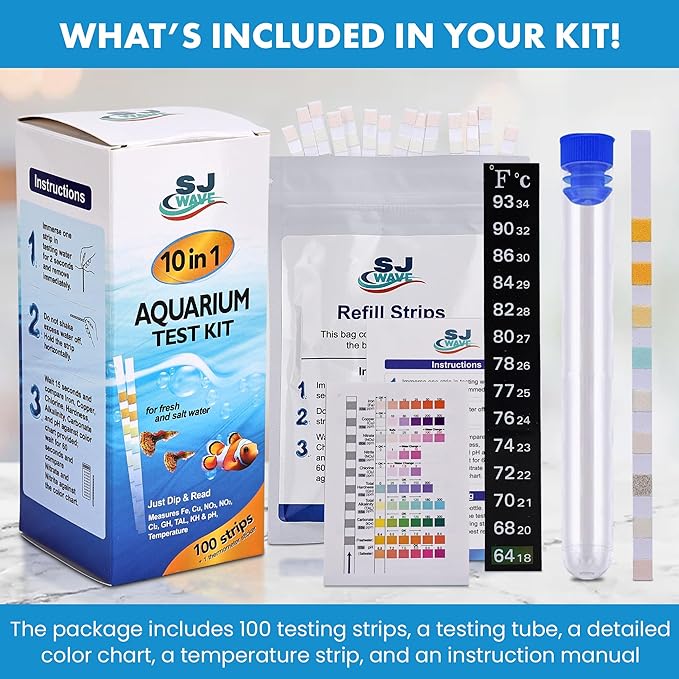 10 in 1 - Aquarium Test Strips | 100 Fast & Accurate Strips | Fish Tank Aquariums Water Test Kit & ebook | Aquarium Thermometer | Fish Tank Water Testing Kit for Fresh & Saltwater | Versatile Usage-PurrikoPets