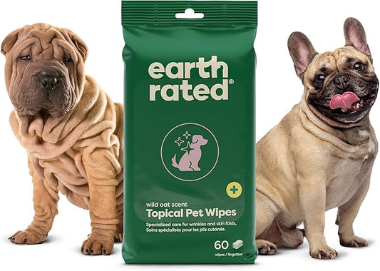 Earth Rated Wrinkle Wipes for Dogs, Perfect for Bulldogs and Pugs, to Cleanse Wrinkles and Folds, Wild Oat Scent, 60 Count-PurrikoPets