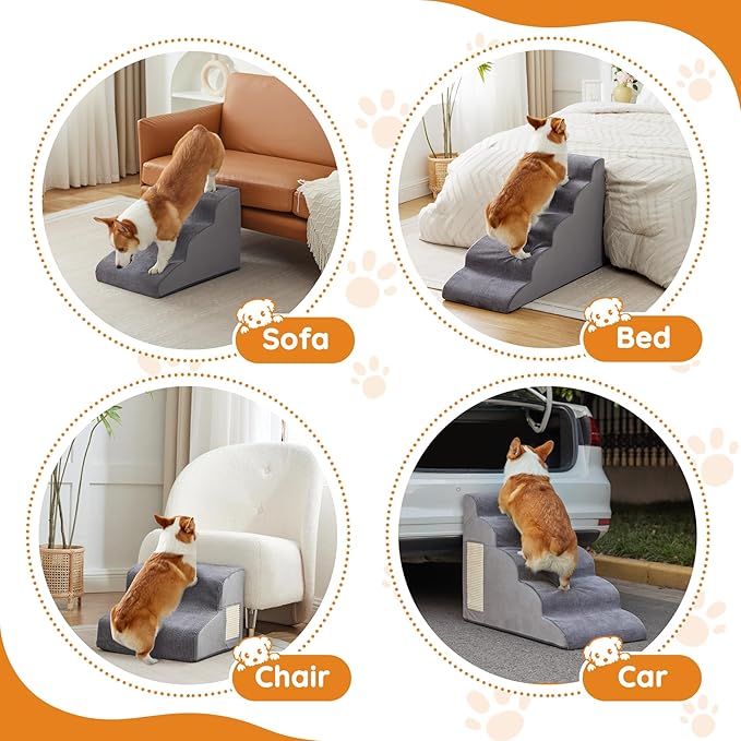 Dogs Steps for Bed, Dog Stairs for Small Dogs, 2-Step Dog Ramp for Bed, Couch, Sofa, and Chairs, Non-Slip Bottom Design, Cat Scratching, High Density Foam Portable Pet Step, Indoor, Grey-PurrikoPets